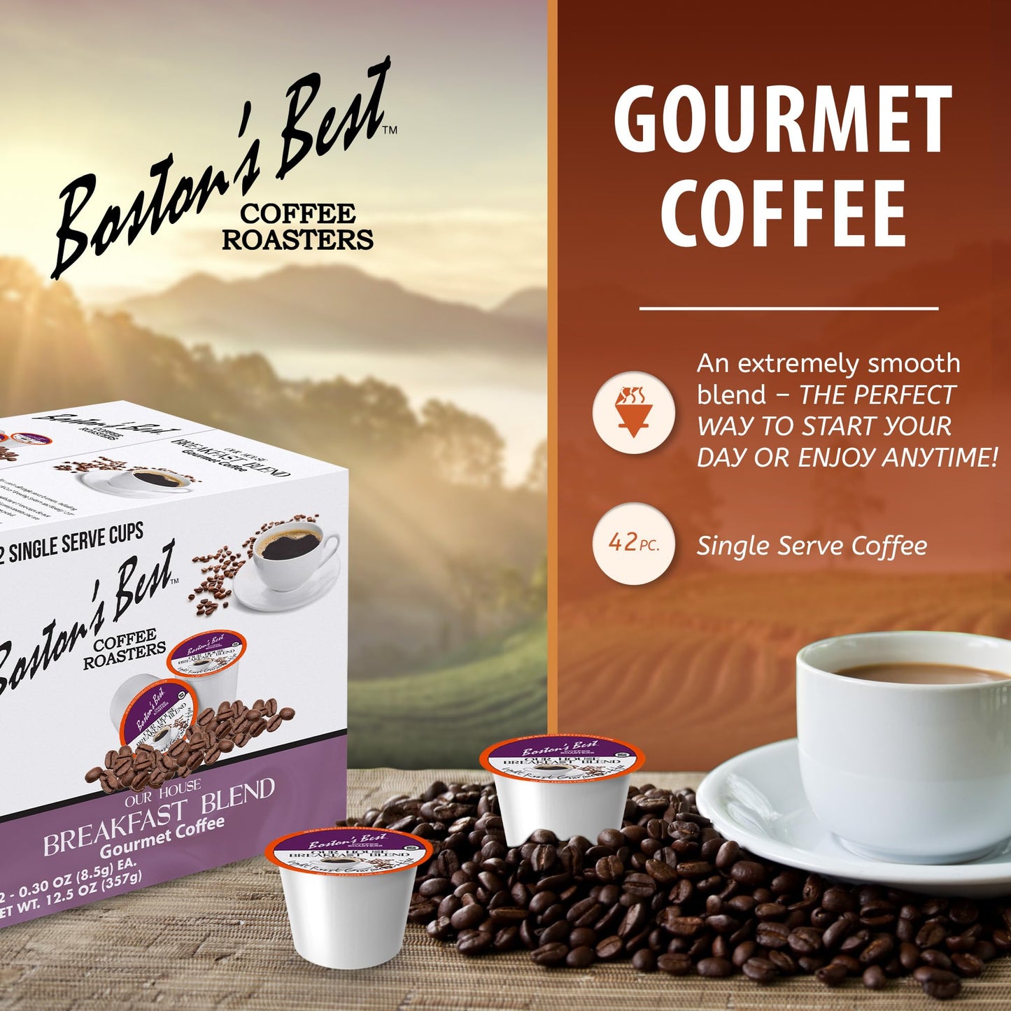 Bostons Best Smooth Light-Roast Breakfast Blend Coffee, Compatible with Keurig, 42 Single Serve Cups, Model PP-GRCE29862
