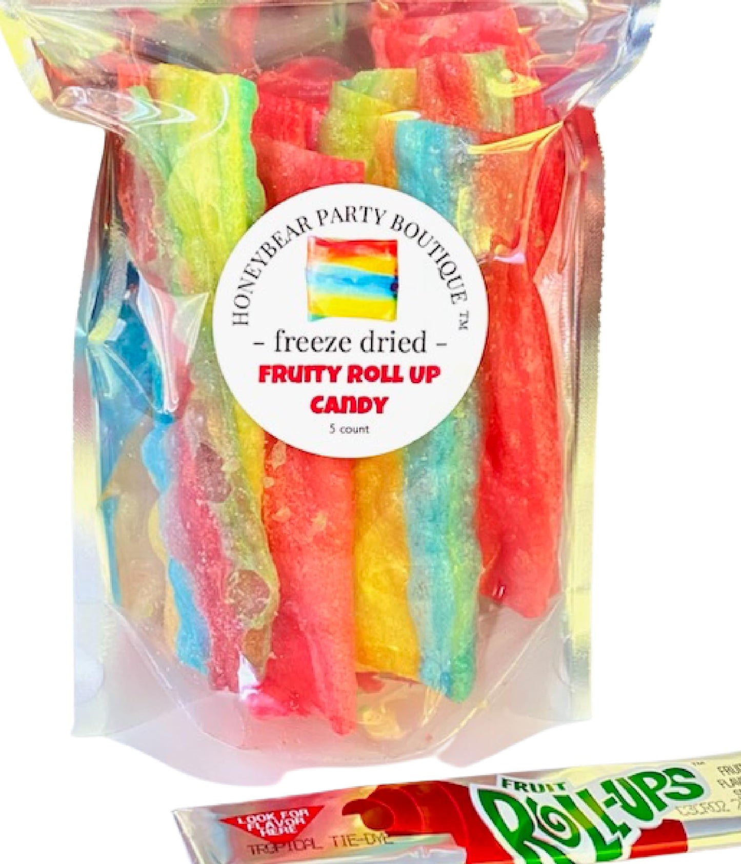 Honeybear Party Boutique Freeze Dried Fruit Roll Ups - 5 Rolls - Tropical Tye Dye & Strawberry - Red and Rainbow Color