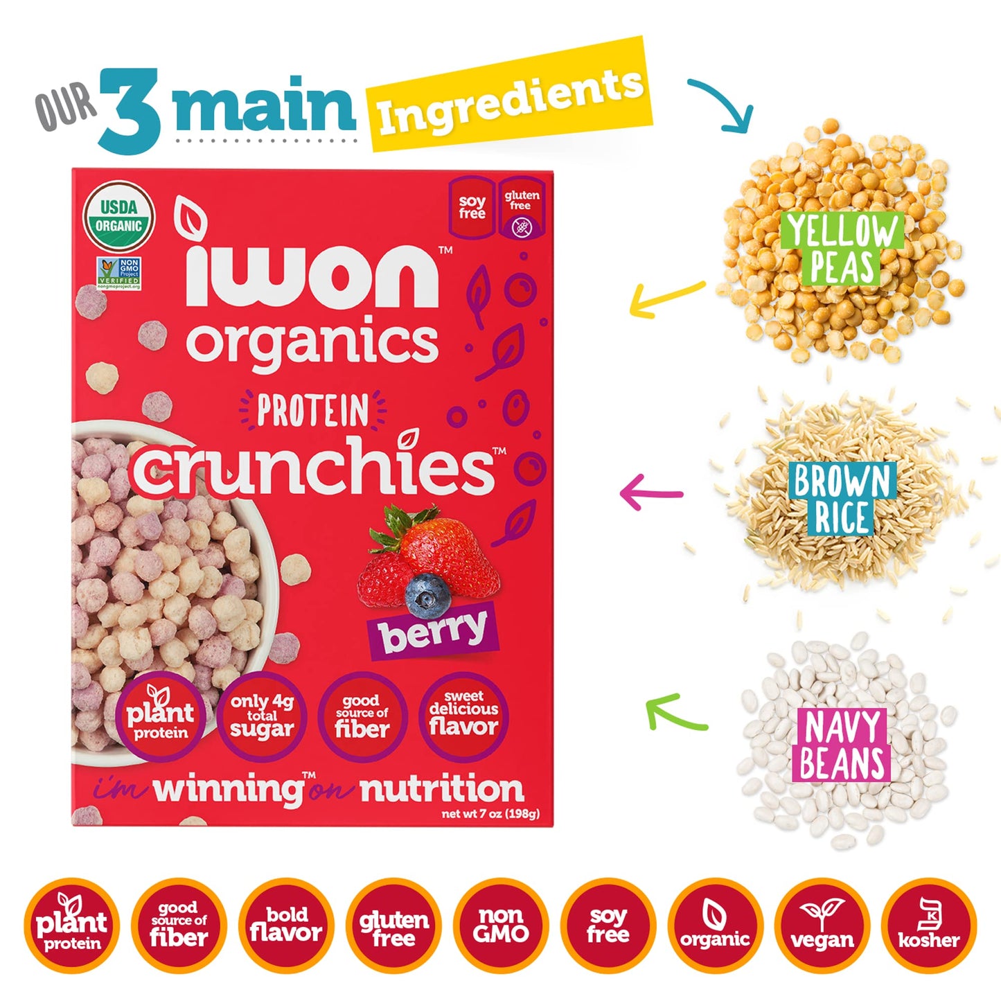 Iwon Organics Protein Crunchies - Plant-Based Protein Low Sugar Gluten & Dairy Free Non-Gmo Organic Breakfast Cereal - Berry Fla