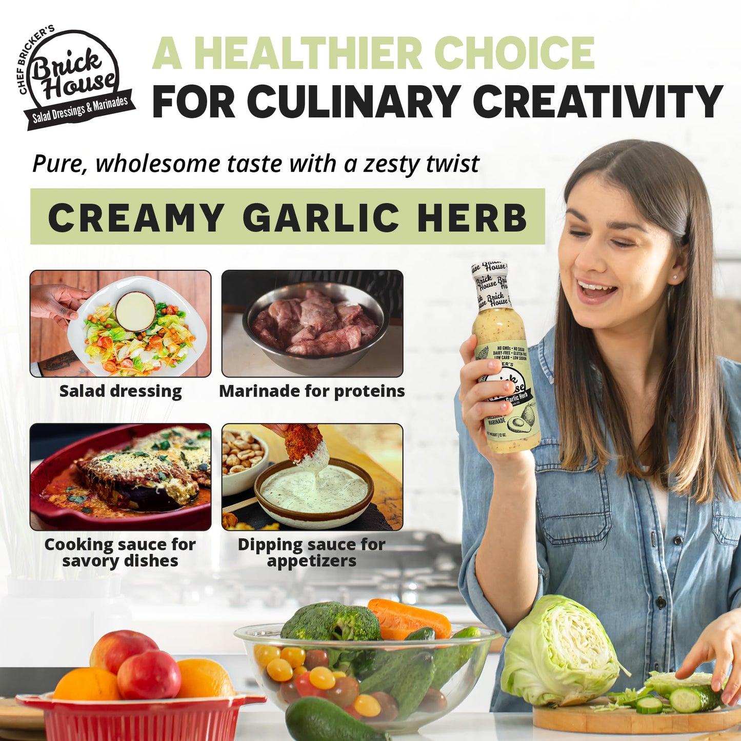 Brick House Creamy Garlic Herb Vinaigrette Dressing, Keto-Friendly, Non-GMO, Low Sodium, 12 Oz