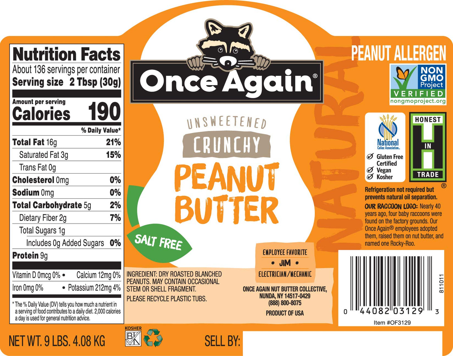 Once Again Natural, Crunchy Peanut Butter, 9lb Bucket (same as 9 jars)- Salt Free, Unsweetened - Gluten Free Certified, Vegan, K