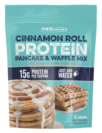 PEScience Protein Pancake Mix, Just Add Water, Whey & Casein Blend, Cinnamon Roll, 29.6 Ounce