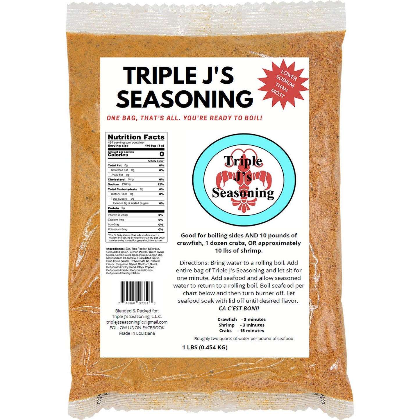 Triple J's Authentic Louisiana Crab Boil Seasoning - 1lb Seafood Boil Booster for Shrimp, Crawfish, & Crab | Bold Cajun Flavor f