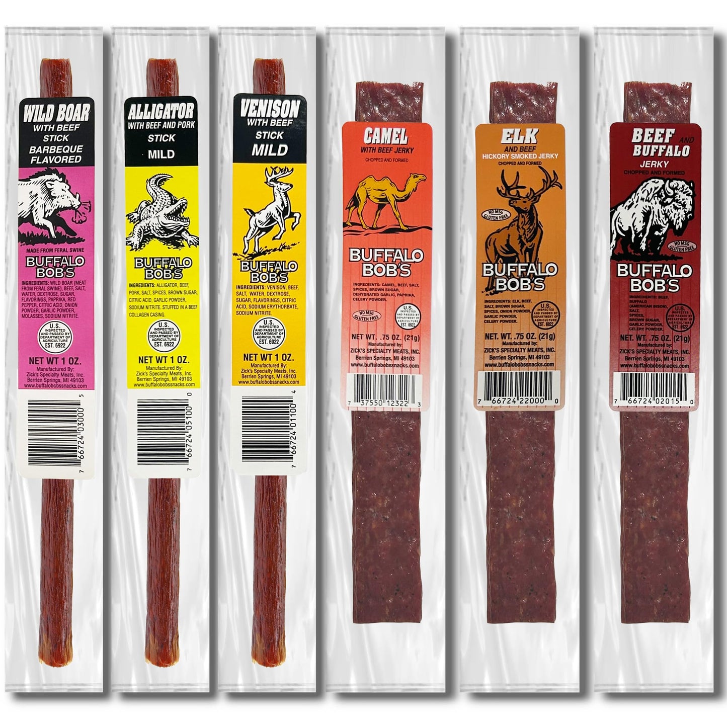 Jerky-n-Spice Buffalo Bobs Beef Jerky Variety Gift Set, Exotic Sampler Pack, 6 Pack, 0.88 Ounce Each, Assorted Snacks for Men