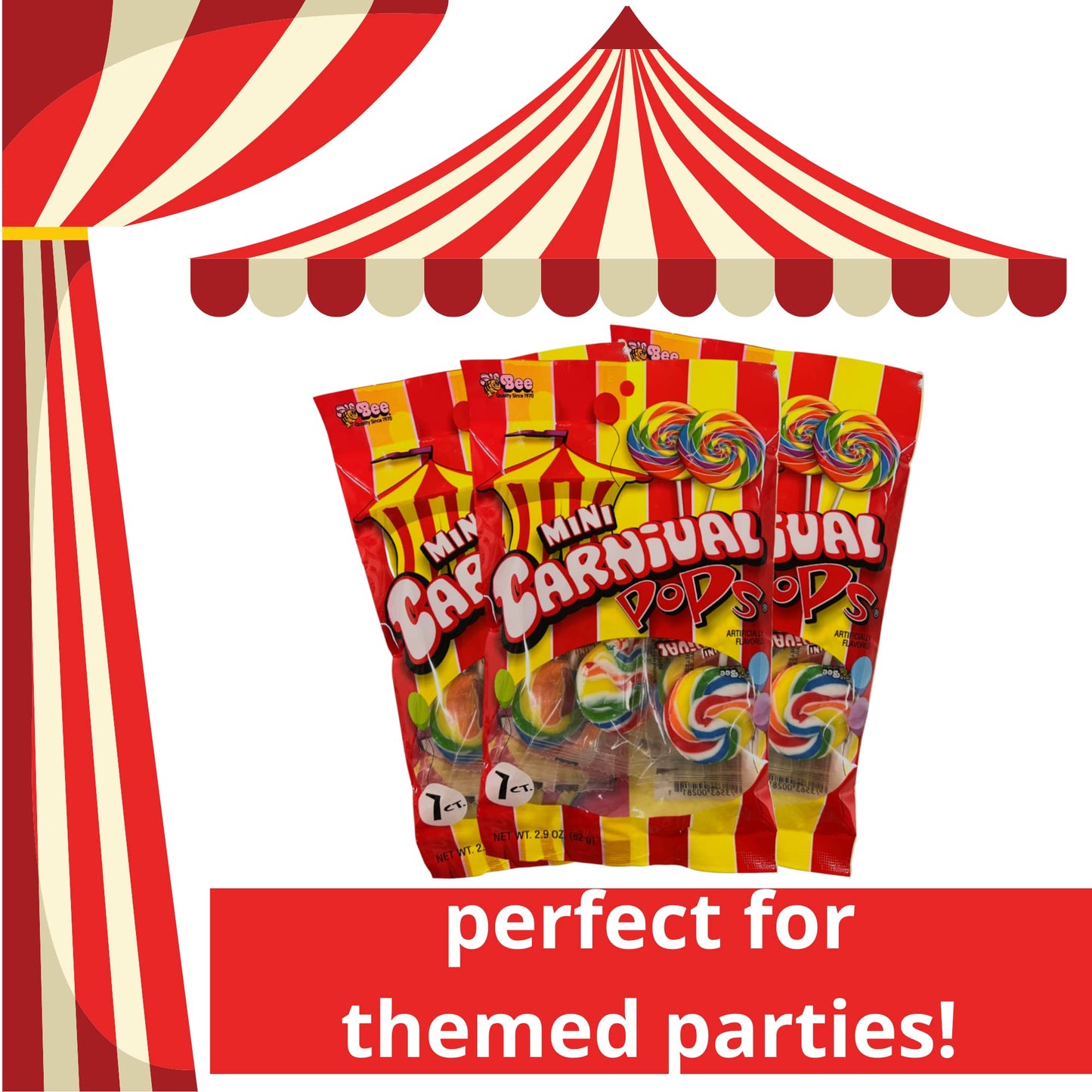 Mini Carnival Lollipop Packs, Shareable Individually Wrapped Traditional Multi Colored Swirl Pops, Candy Accessory Included, 7 L