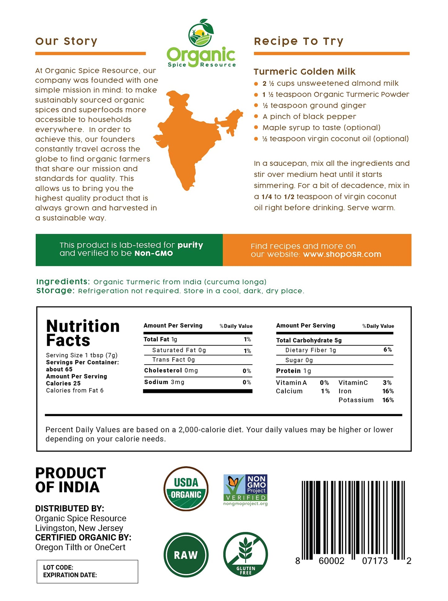 Organic Spice Resource Organic Turmeric Powder w/Curcumin, 16 Ounce, USDA Organic, Non-GMO, Lab Tested for Purity