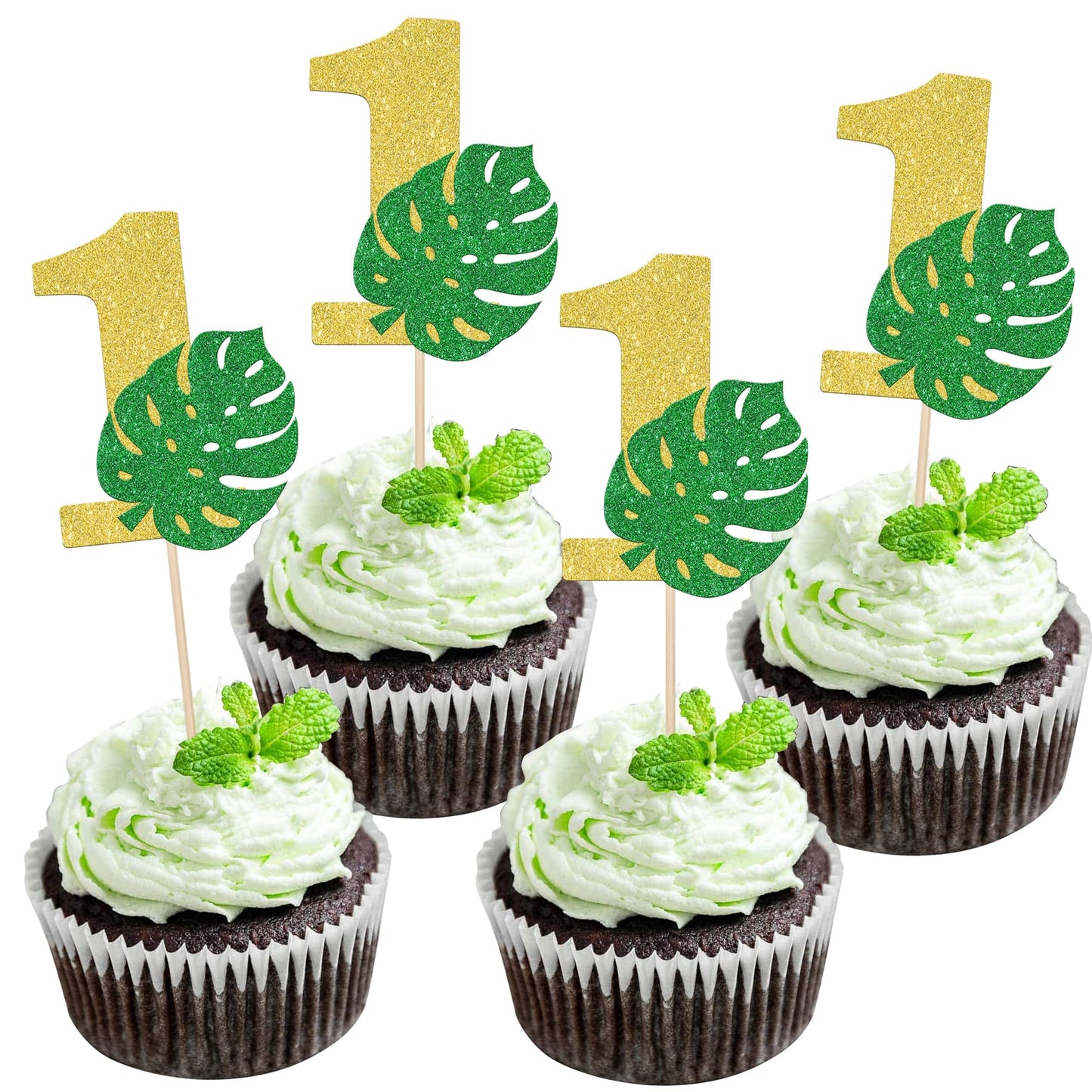 24 Pcs 1St Birthday Cupcake Toppers Glitter Numer 1 Palm Leaf Cupcake Picks Wild One Baby Shower Kids 1St Birthday Party Cake De