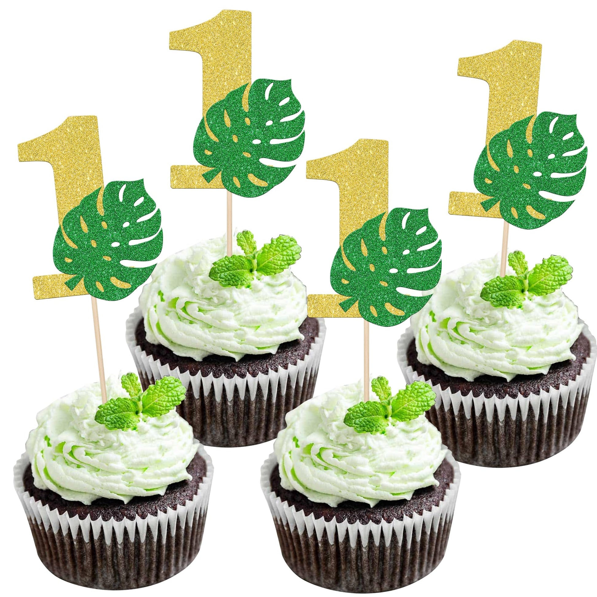 24 Pcs 1St Birthday Cupcake Toppers Glitter Numer 1 Palm Leaf Cupcake Picks Wild One Baby Shower Kids 1St Birthday Party Cake De
