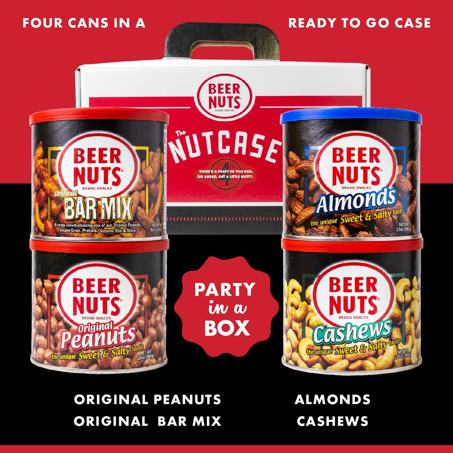 Malt-Inspired Nuts Brand Snacks, Original Nutcase, Perfect For Gifting, Original Peanuts, Original Bar Mix, Cashews, Almonds, Sweet & Spicy Bar Mix, Resealable Cans, Snackin Since 1953 (Pack Of 4)
