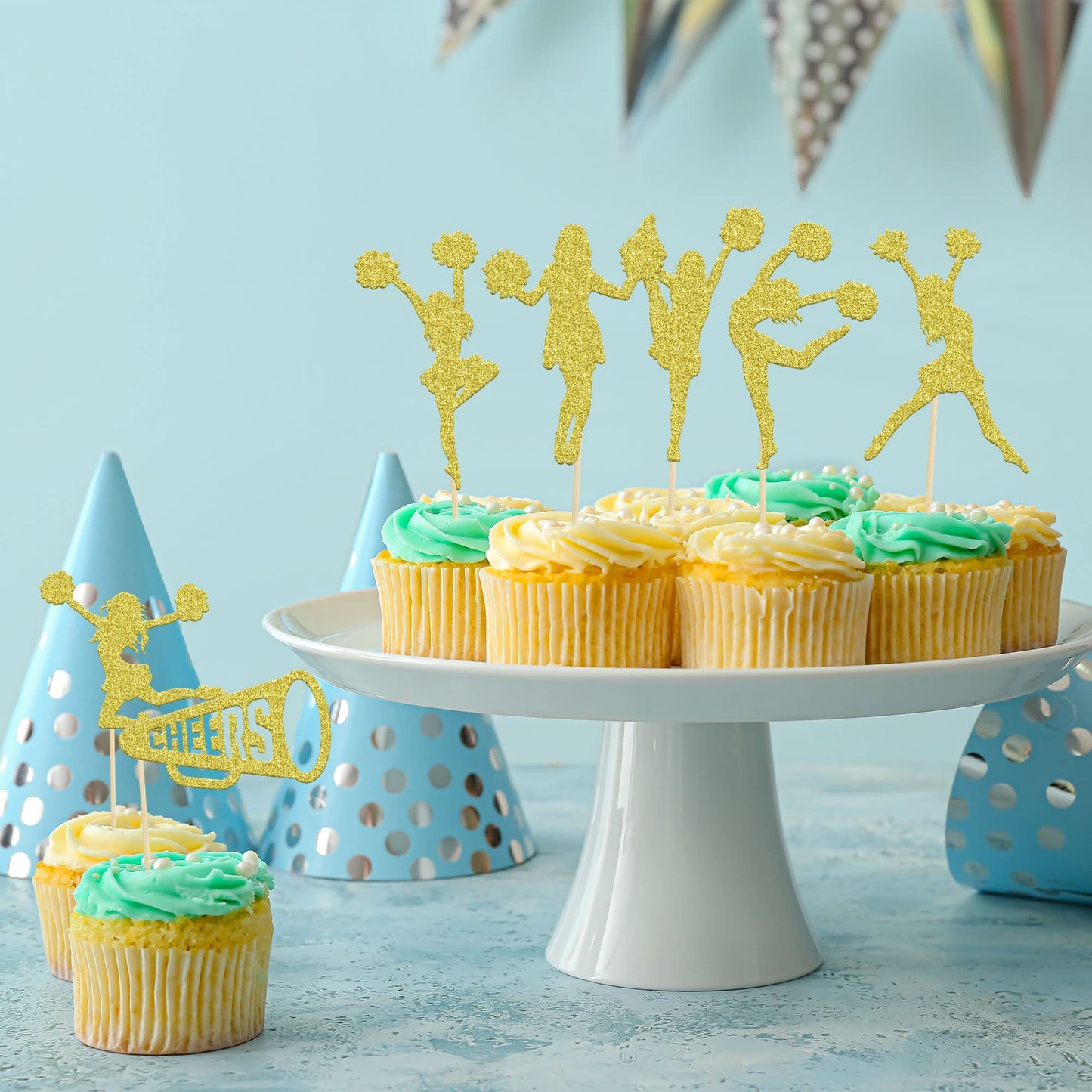 Gyufise 28 Pack Cheerleader Cupcake Toppers Gold Glitter Cheerleading Gymnastics Cupcake Picks Cheer Team Cake Decorations Gymna