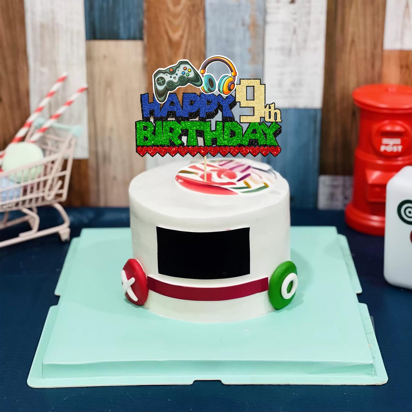 Ephlyn 1Pcs Video Game Happy 9Th Birthday Cake Topper Glitter Video Game Cake Pick Game On Controllers Nine Cheers To 9 Years Ca