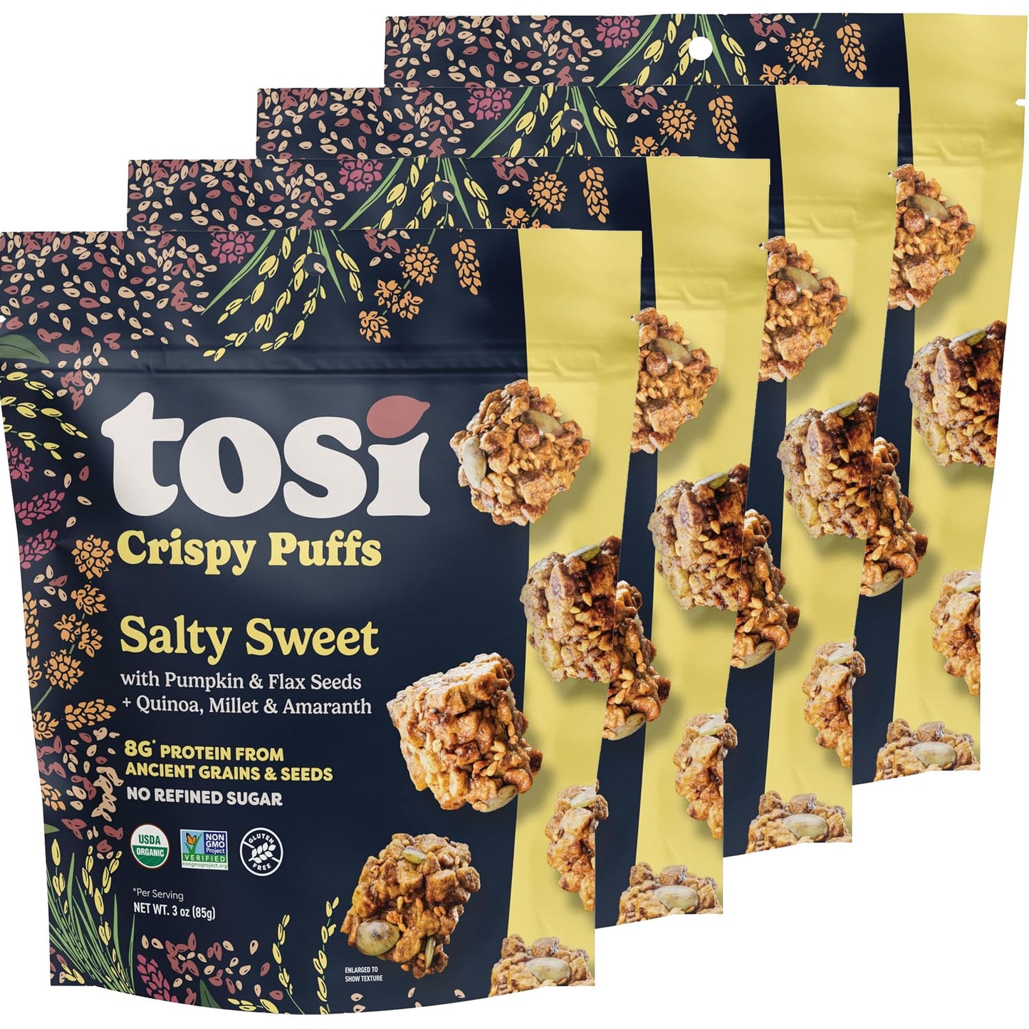 Tosi Crispy Puffs (3Oz, 4 Pack), Vegan Crunchy Snacks, 8G Plant Based Protein, Nut-Free, Allergen Friendly, Healthy Snacks For Mature-Themeds & Kids, Gluten Free  , Ancient Grains (Salty Sweet)