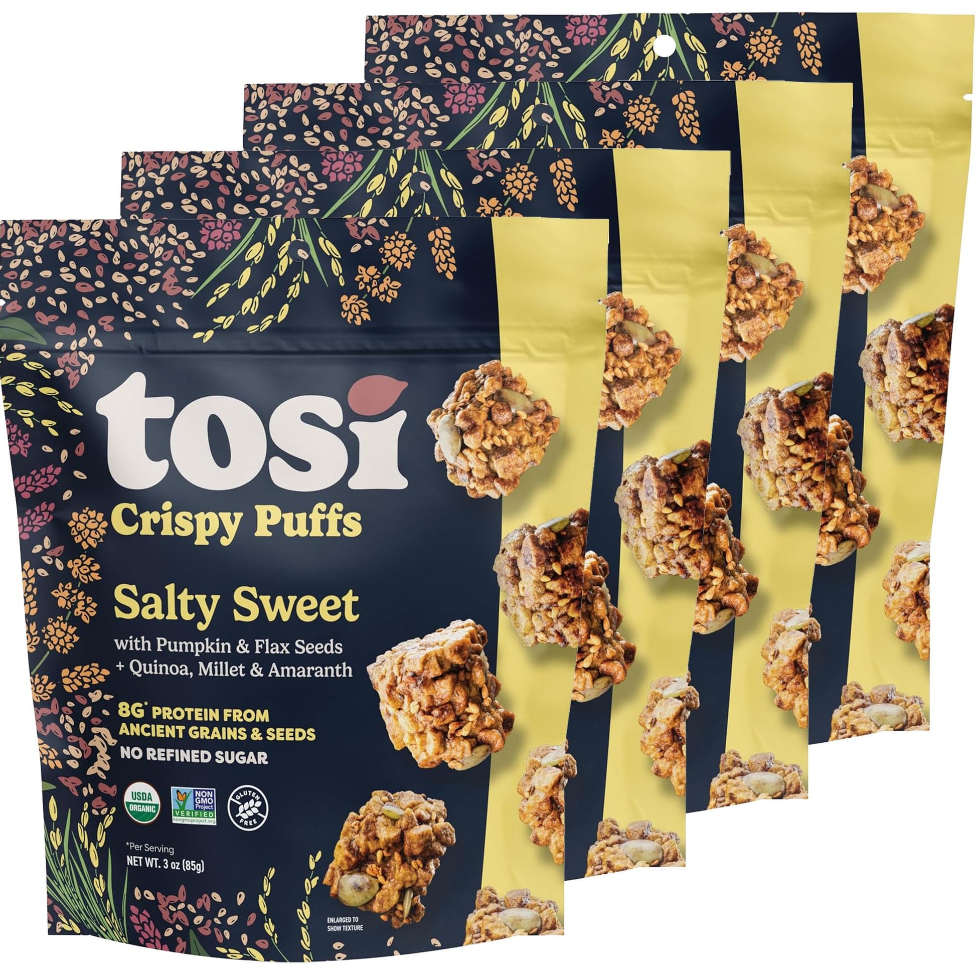 Tosi Crispy Puffs (3Oz, 4 Pack), Vegan Crunchy Snacks, 8G Plant Based Protein, Nut-Free, Allergen Friendly, Healthy Snacks For Mature-Themeds & Kids, Gluten Free  , Ancient Grains (Salty Sweet)