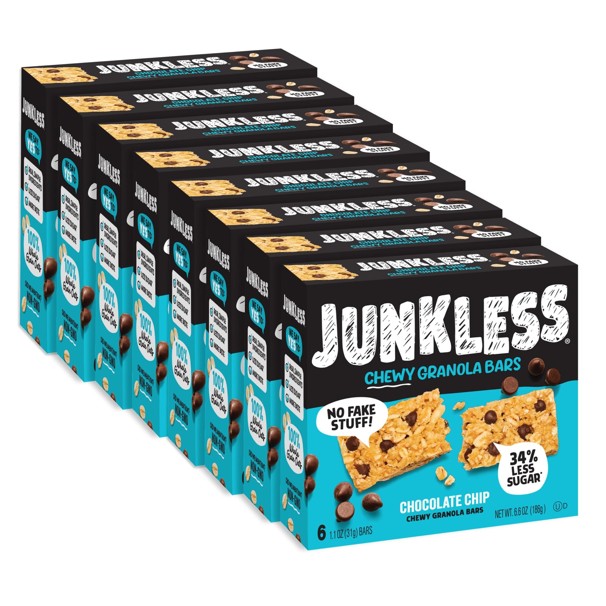 Junkless Chocolate Chip Chewy Granola Bars - Less Sugar, Great Tasting, Wholesome Snacks - Bulk Granola Bars - 1.1 Oz. Bars, 8 B