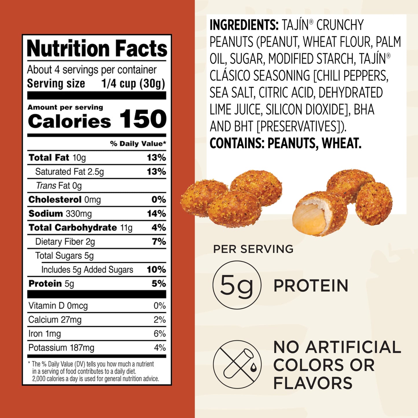 Snak Club Tajin Crunchy Peanuts, Nuts with Chili and Lime Seasoning, Mild, No Artificial Colors or Flavors, 4 oz Resealable Bags