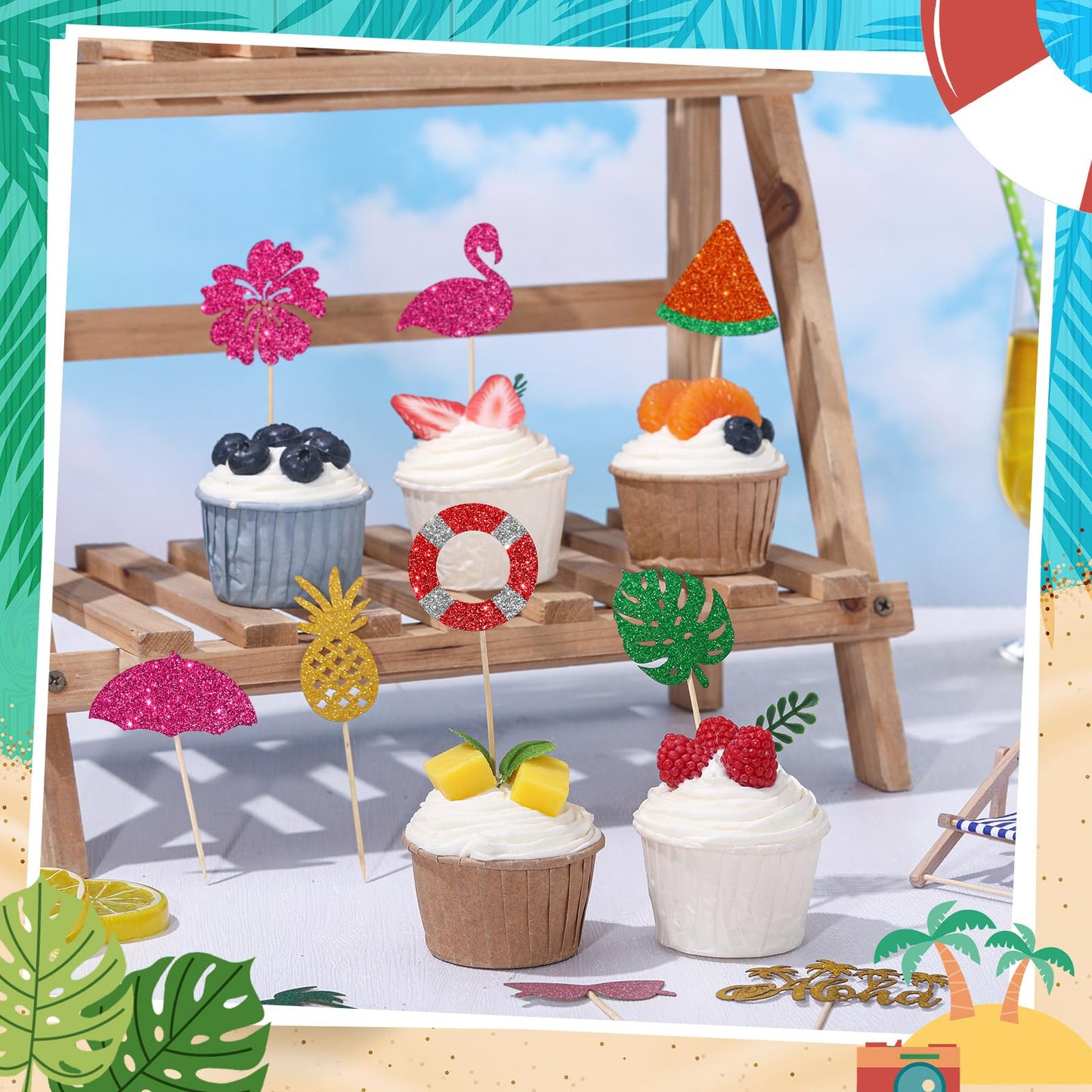 Epakh Summer Beach Cupcake Toppers, 100 Pcs Hawaiian Theme Cake Picks, Paper/Bamboo, 20.5 x 14.5 x 3.5 cm, Vibrant Summer