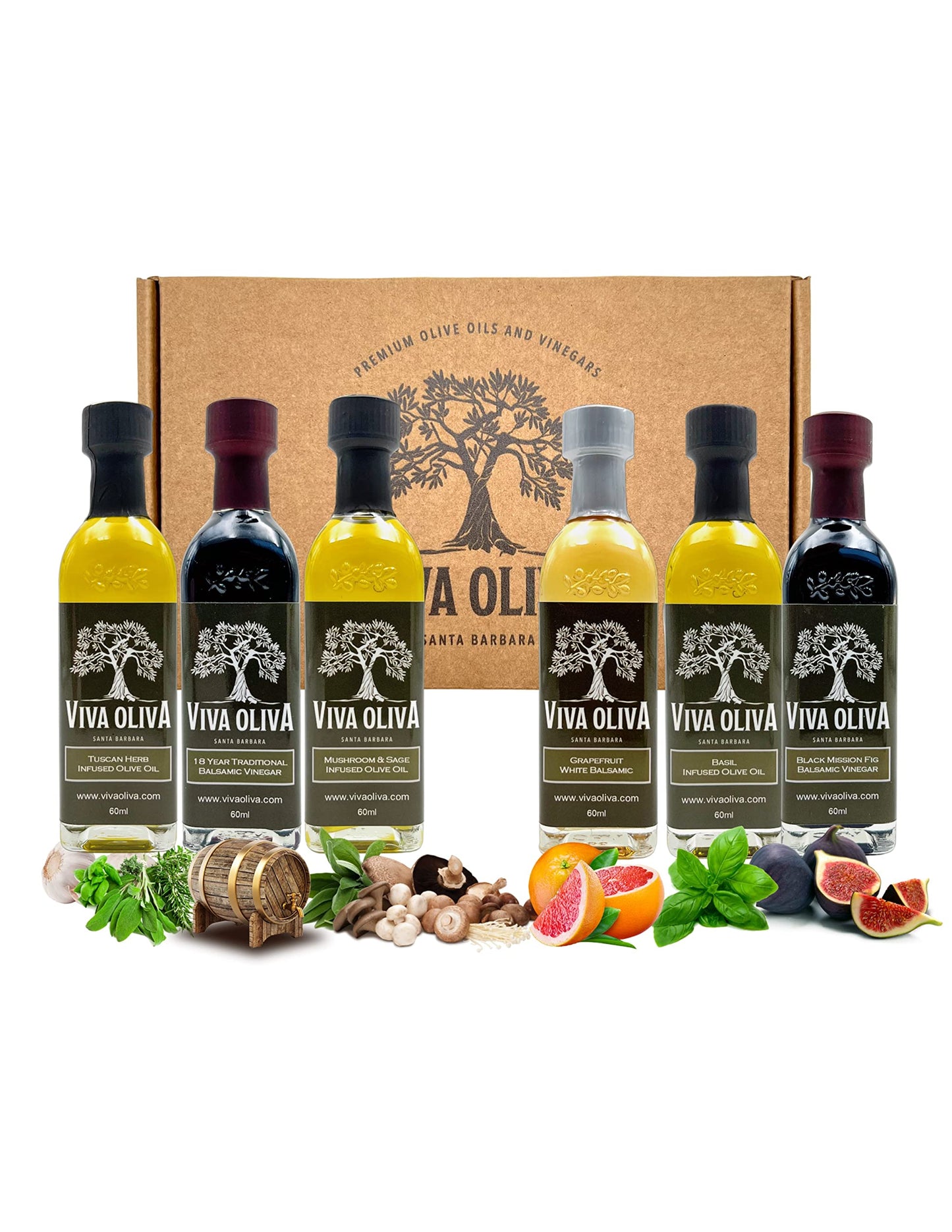 Viva Oliva Six 60Ml (2Oz) Variety Gift Set - Premium Flavored Extra Virgin Olive Oils (Tuscan Herb, Basil, Mushroom & Sage) And