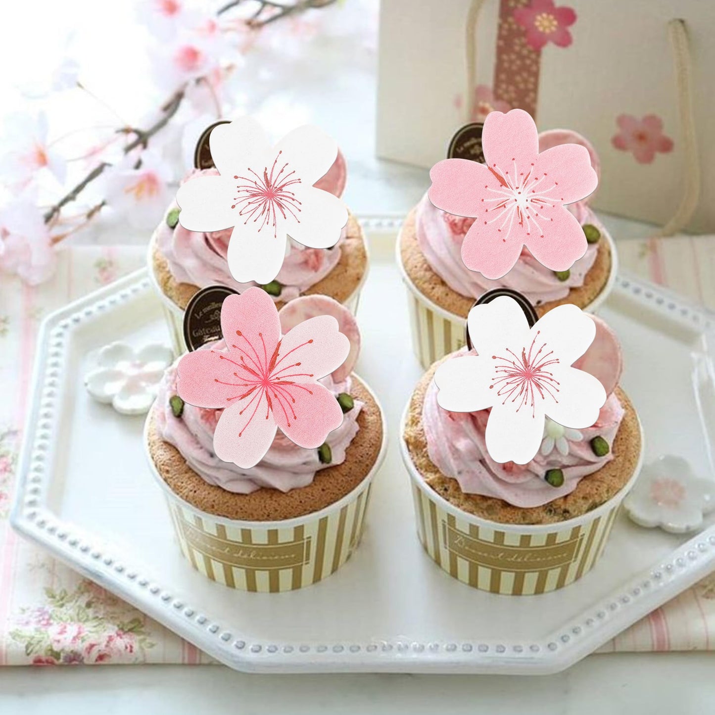ZHUOWEISM 60 PCS Pink Edible Cherry Blossoms Flowers Cake Decorations, Wafer Paper Cupcake Toppers for Baby Shower & Birthday Party