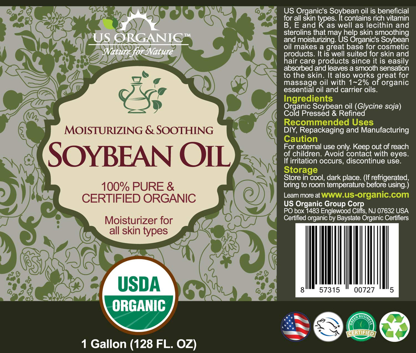 US Organic Soybean Oil, USDA Certified Organic, 100% Pure, Cold Pressed, 128 Fl Oz (1 Gallon), Model SNOL128