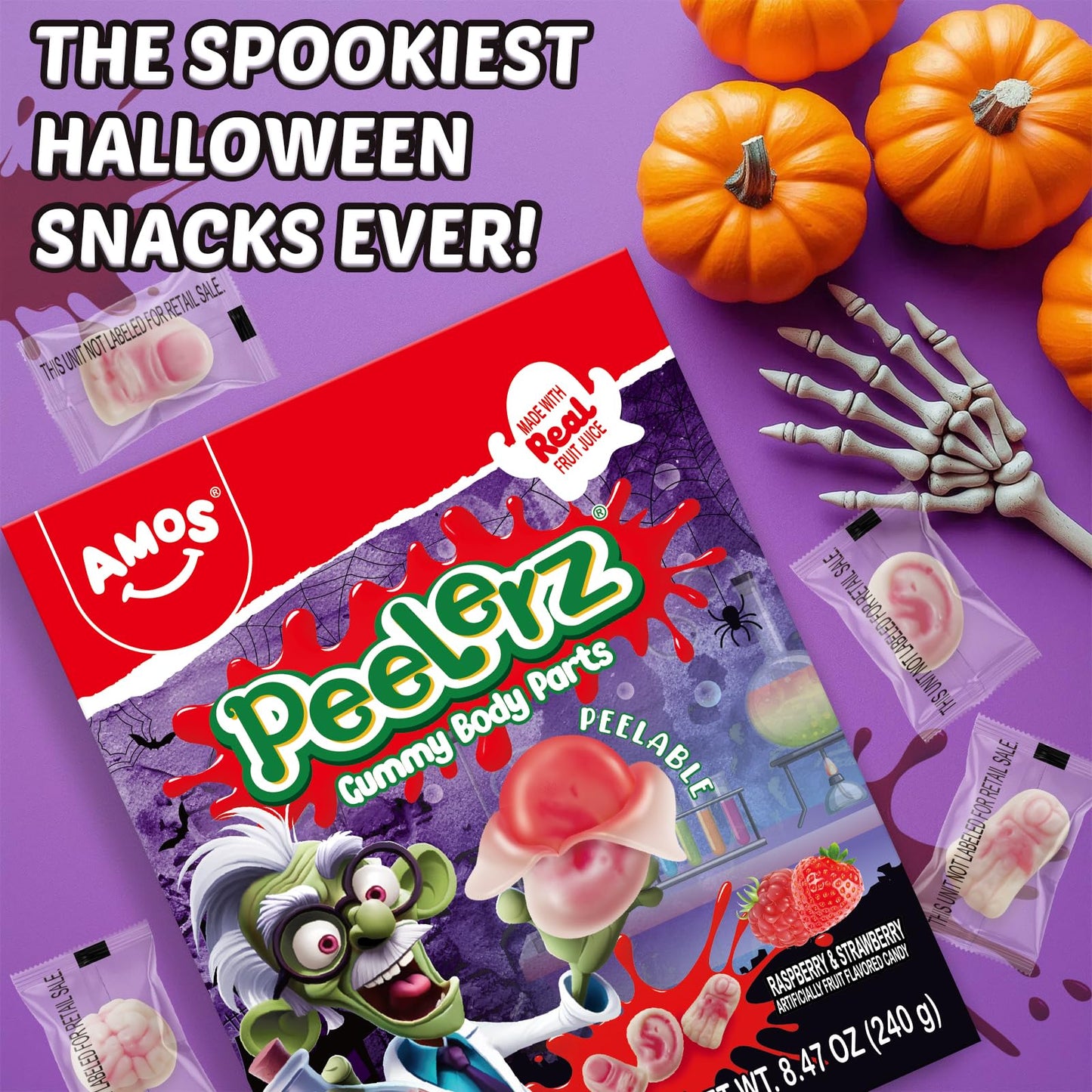Amos Halloween Peelerz Body Parts Gummies Candy, Individually Wrapped, 240g (8.47oz) Bag, Fun   for Kids and mature-themeds
