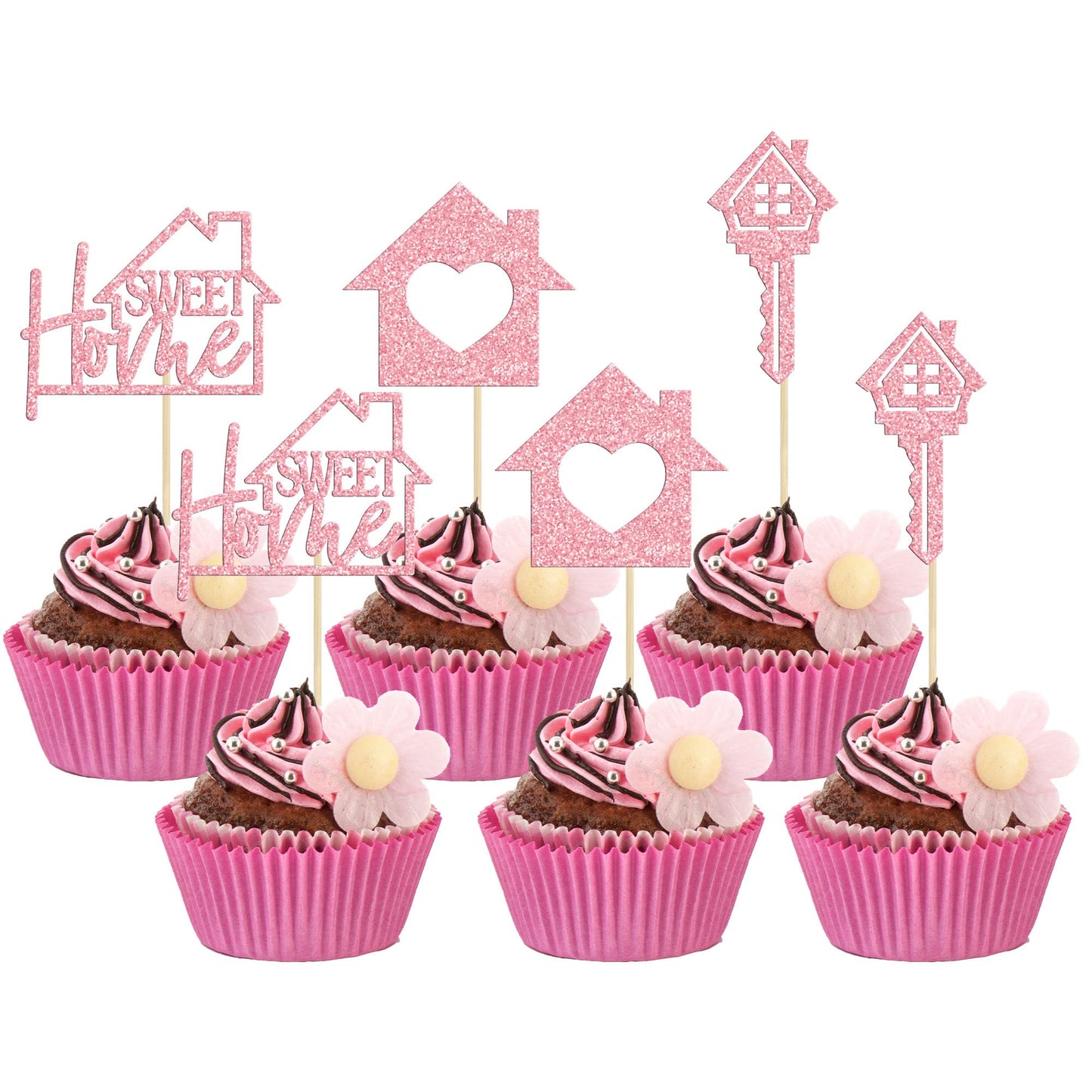 Gyufise Cupcake Toppers - 24 Pack Glitter Key Housewarming Picks, Pink, Paper, Model ZN0169-1-P