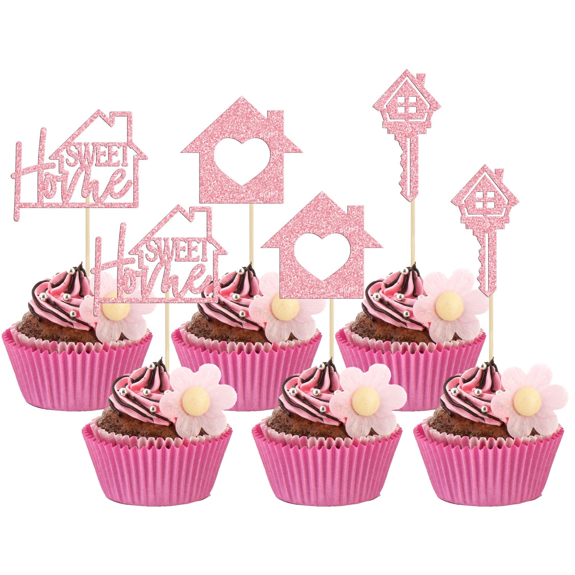 Gyufise Cupcake Toppers - 24 Pack Glitter Key Housewarming Picks, Pink, Paper, Model ZN0169-1-P