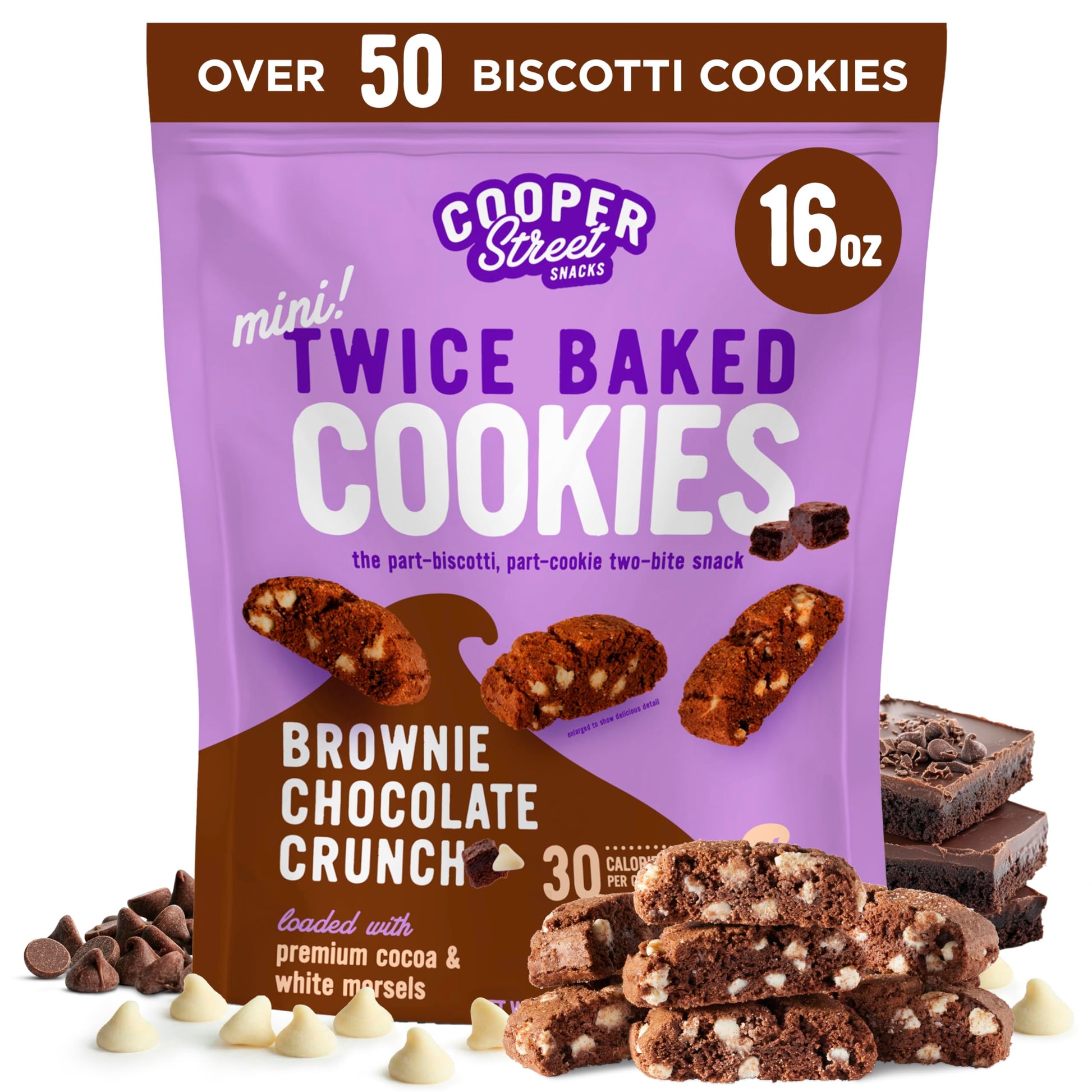 Cooper Street Twice-Baked Brownie Chocolate Biscotti Cookies (16 Oz) - Over 50 Two-Bite Mini Italian Style Biscotti Snacks - Dairy-Free  Peanut Free  Kosher  Low-Calorie  Perfect With Coffee Or Tea