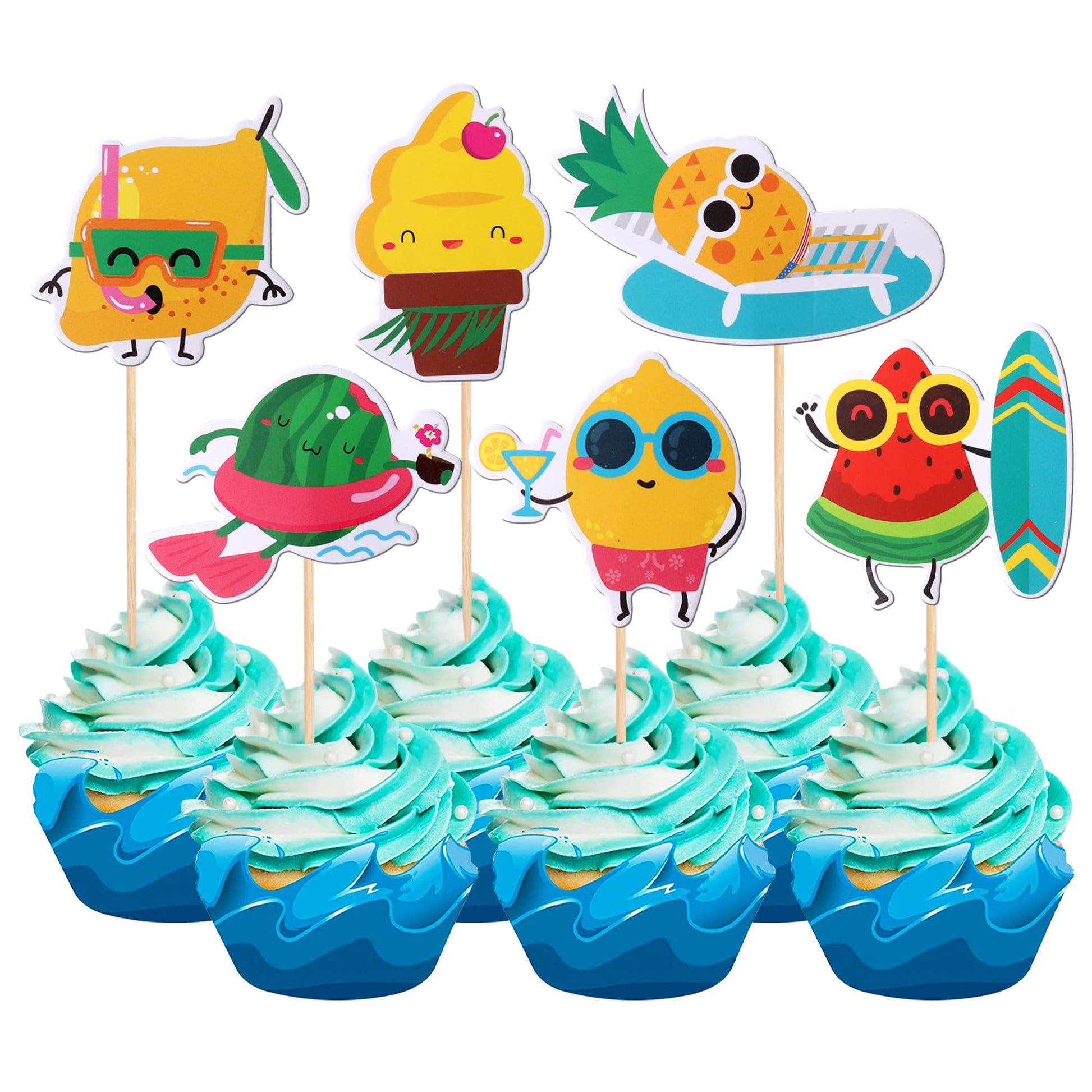 36 PCS Tropical Beach Luau Cupcake Toppers Fruit Watermelon Pineapple Ice Cream Lemon Cupcake Picks for Summer Hawaiian Luau Tro