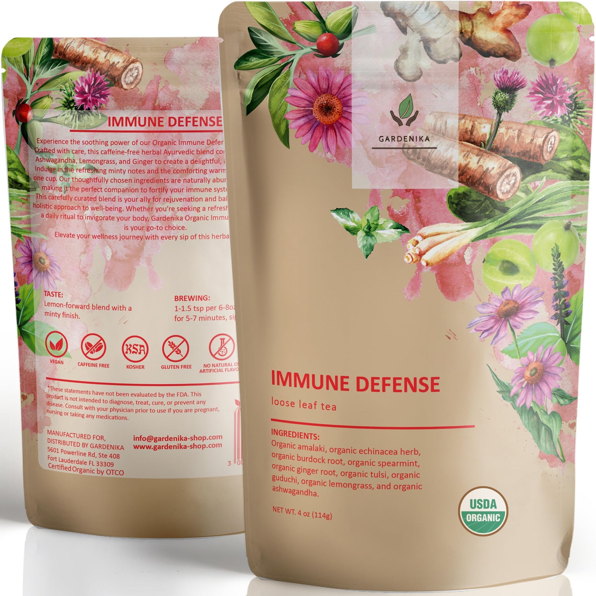 Gardenika Organic Loose Leaf Tea, Herbal Blend with Echinacea & Ashwagandha, Caffeine-Free, 4 oz