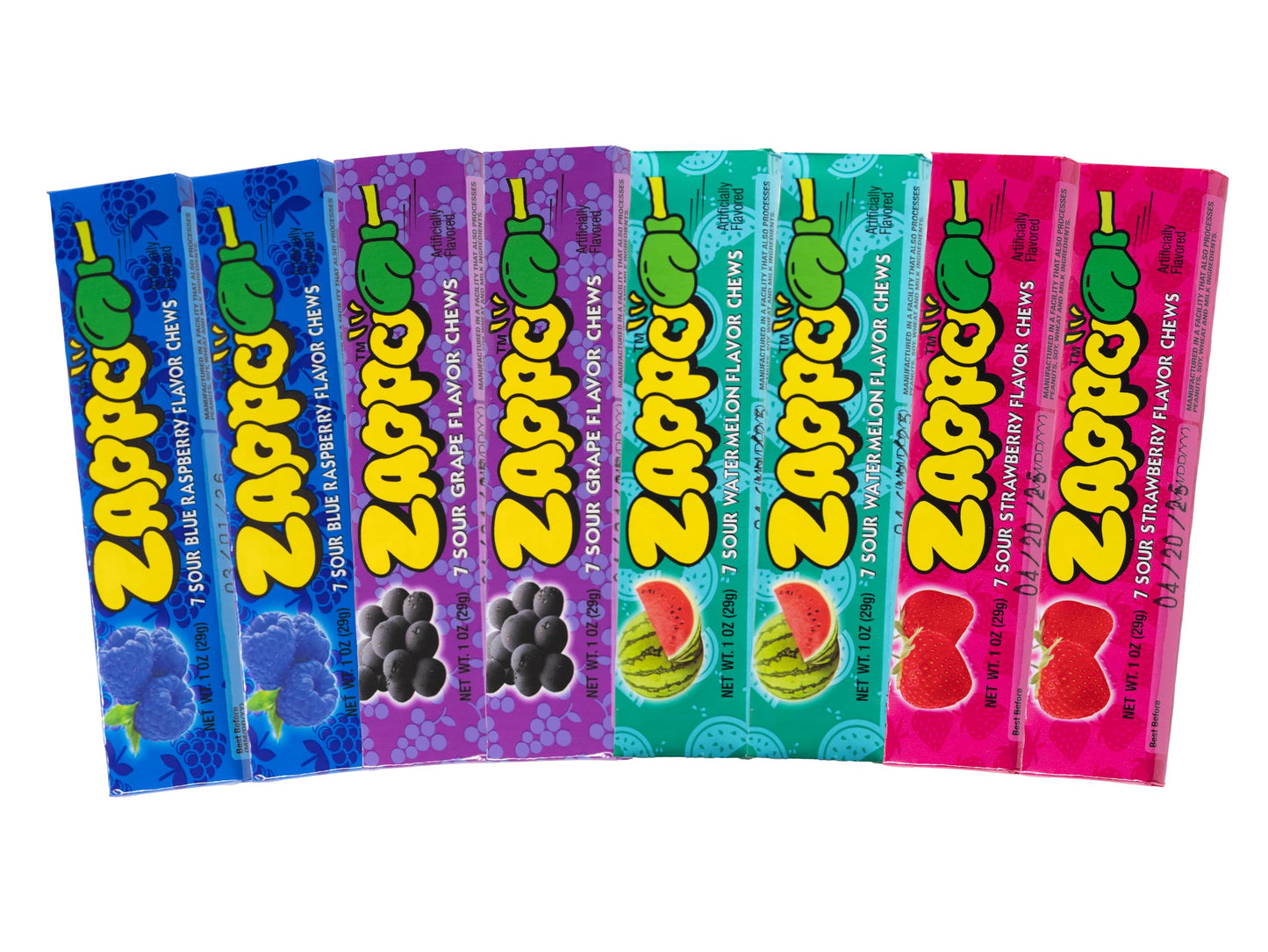ZAPPO Sour Chews Mixed Pack, Gluten Free Candy, Individually Wrapped Taffy Sticks, 1 oz x 8 Sticks Total (2 Each: Watermelon, Bl