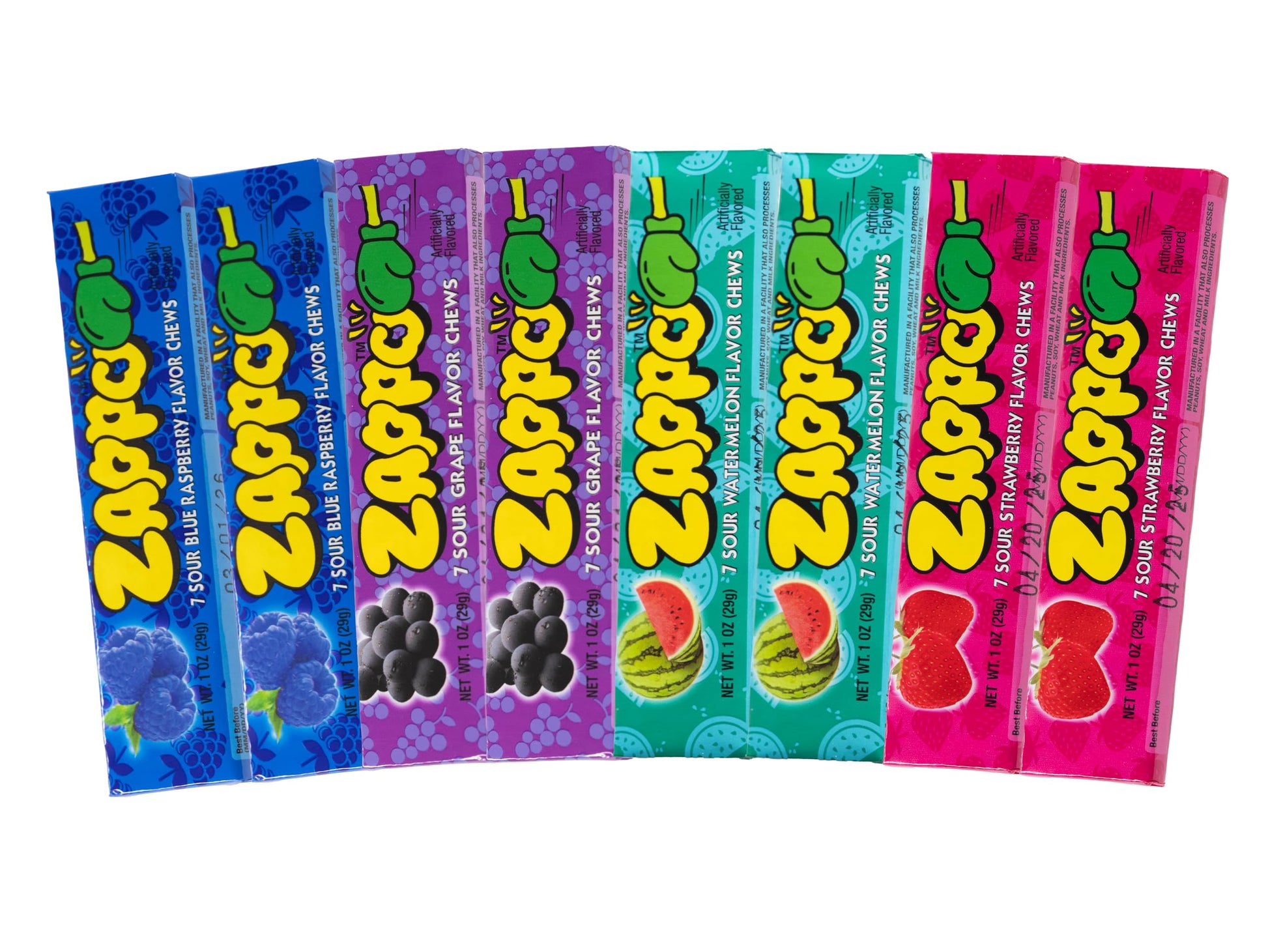ZAPPO Sour Chews Mixed Pack, Gluten Free Candy, Individually Wrapped Taffy Sticks, 1 oz x 8 Sticks Total (2 Each: Watermelon, Bl