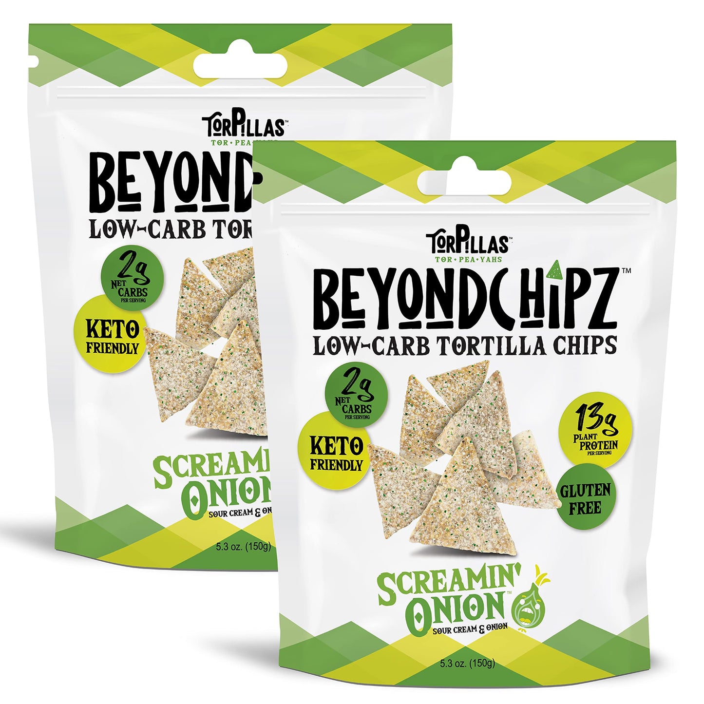 Beyondchipz Low Carb Tortilla Chips, Screamin' Onion, Keto Friendly, Gluten Free, 5.3Oz Bag, Pack Of 2