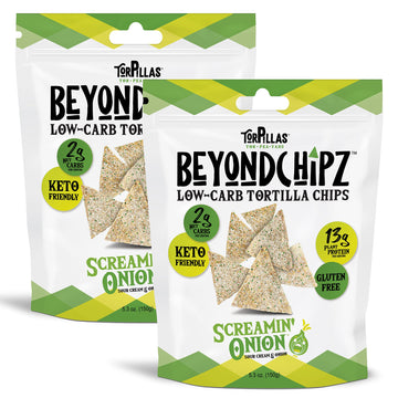 Beyondchipz Low Carb Tortilla Chips, Screamin' Onion, Keto Friendly, Gluten Free, 5.3Oz Bag, Pack Of 2