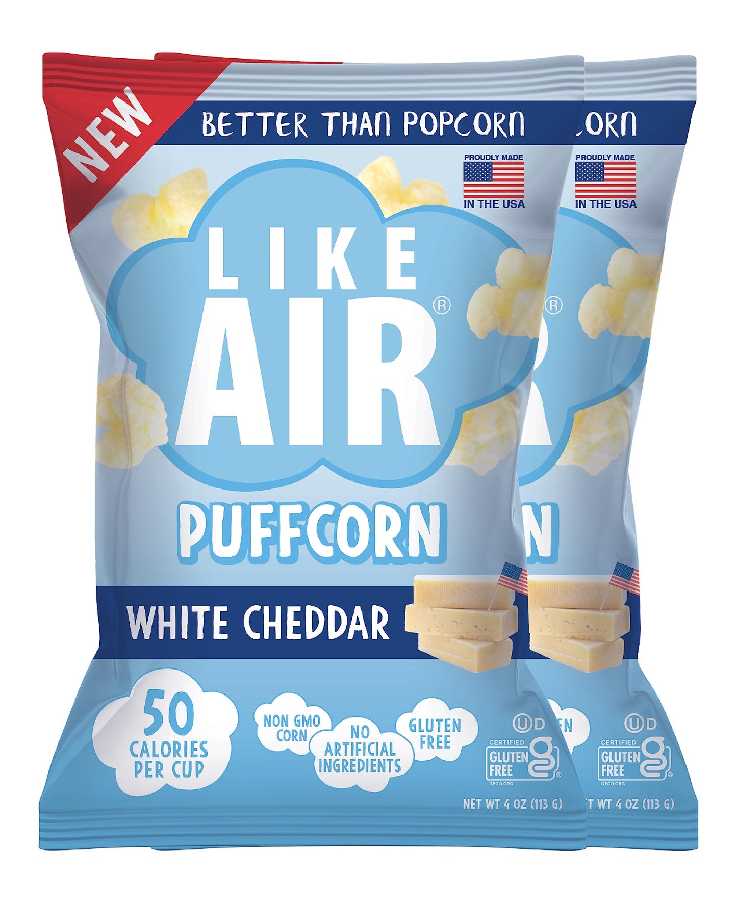 Like Air Puffcorn (White Cheddar) | 2 4oz Bags | 50 Calories Per Cup | Gluten Free | Nothing Artificial