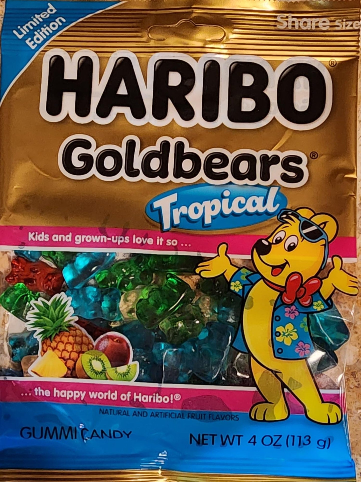 Haribo Goldbears Gummi Bears Tropical Flavors, 4oz Share Size, Pineapple, Kiwi, Passion Fruit, Paradise Punch