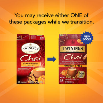 Twinings Pumpkin Spice Chai Black Tea Individually Wrapped Bags, 20 Count (Pack Of 6), Warm, Spicy & Aromatic, Caffeinated, Enjoy Hot Or Iced