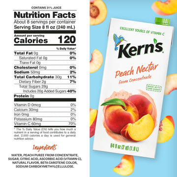 Kerns Peach Juice Nectar - Peach Nectar Made with Fresh Fruit Puree - Fruit Juice Concentrate for Smoothie Mix  Cocktail Mixers & Kids Drinks & Beverages - 64oz  8 Pack Carton