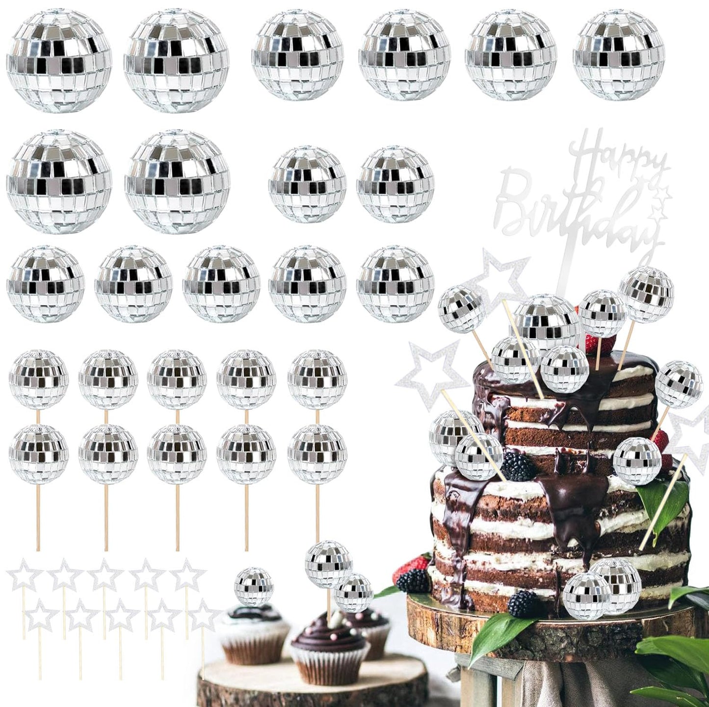 Zaycca Disco Ball Cake Toppers 36 pcs Silver 1970s Party Decorations Model 20240808