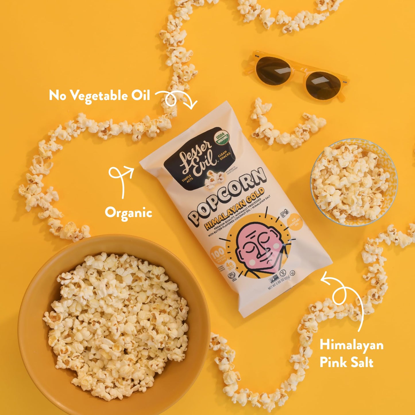 LesserEvil Organic Himalayan Gold Salt Popcorn, 0.88 Oz, Pack of 12, Minimally Processed, No Vegetable Oil