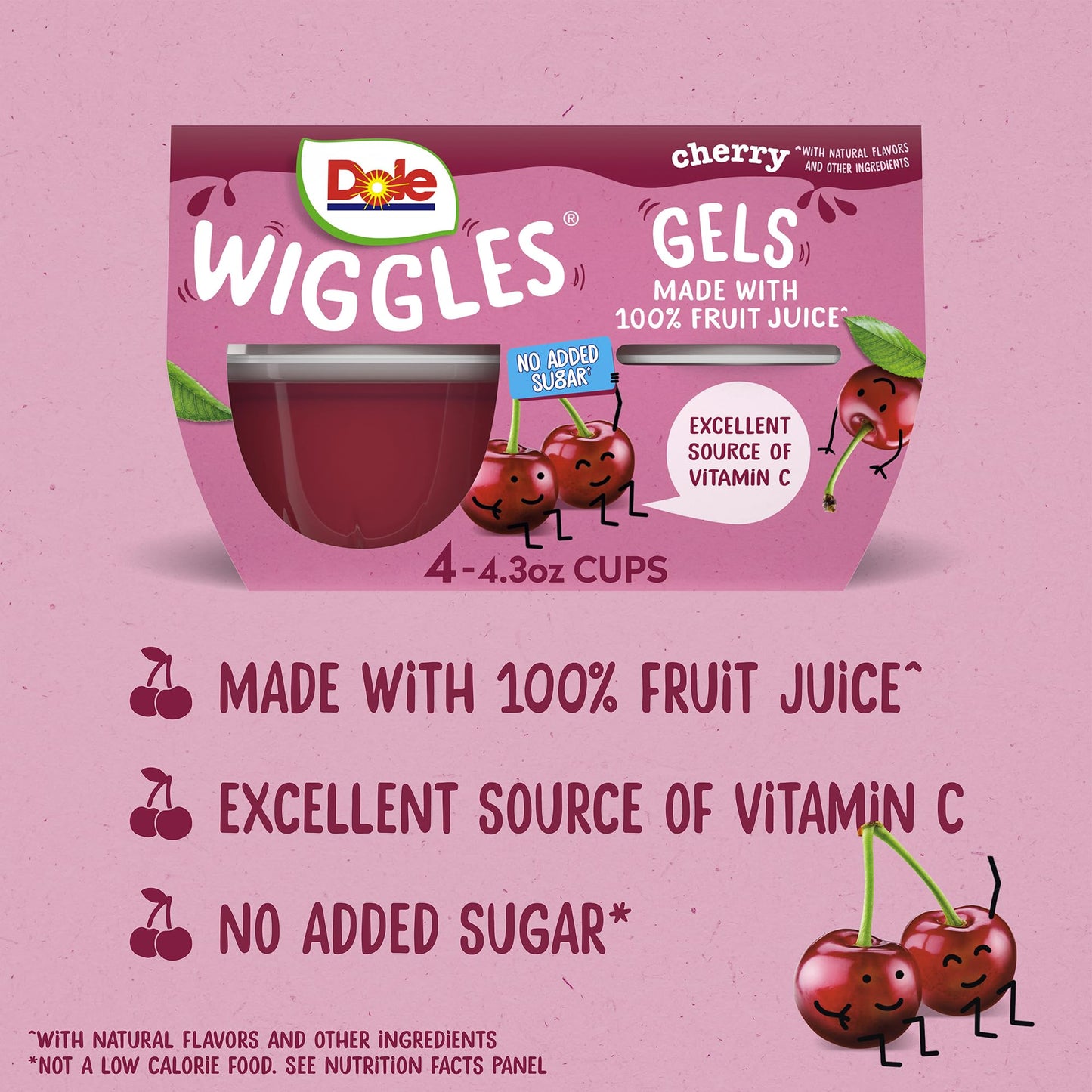 Dole Wiggles No Sugar Added Cherry Fruit Juice Gel Snacks, 4.3oz 24 Total Cups, Gluten & Dairy Free, Bulk Lunch Snacks for Kids