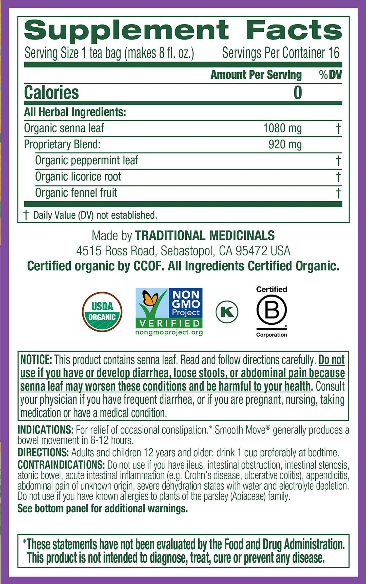 Traditional Medicinals Tea, Organic Smooth Move Peppermint, Relieves Occasional Constipation, Senna, 16 Tea Bags