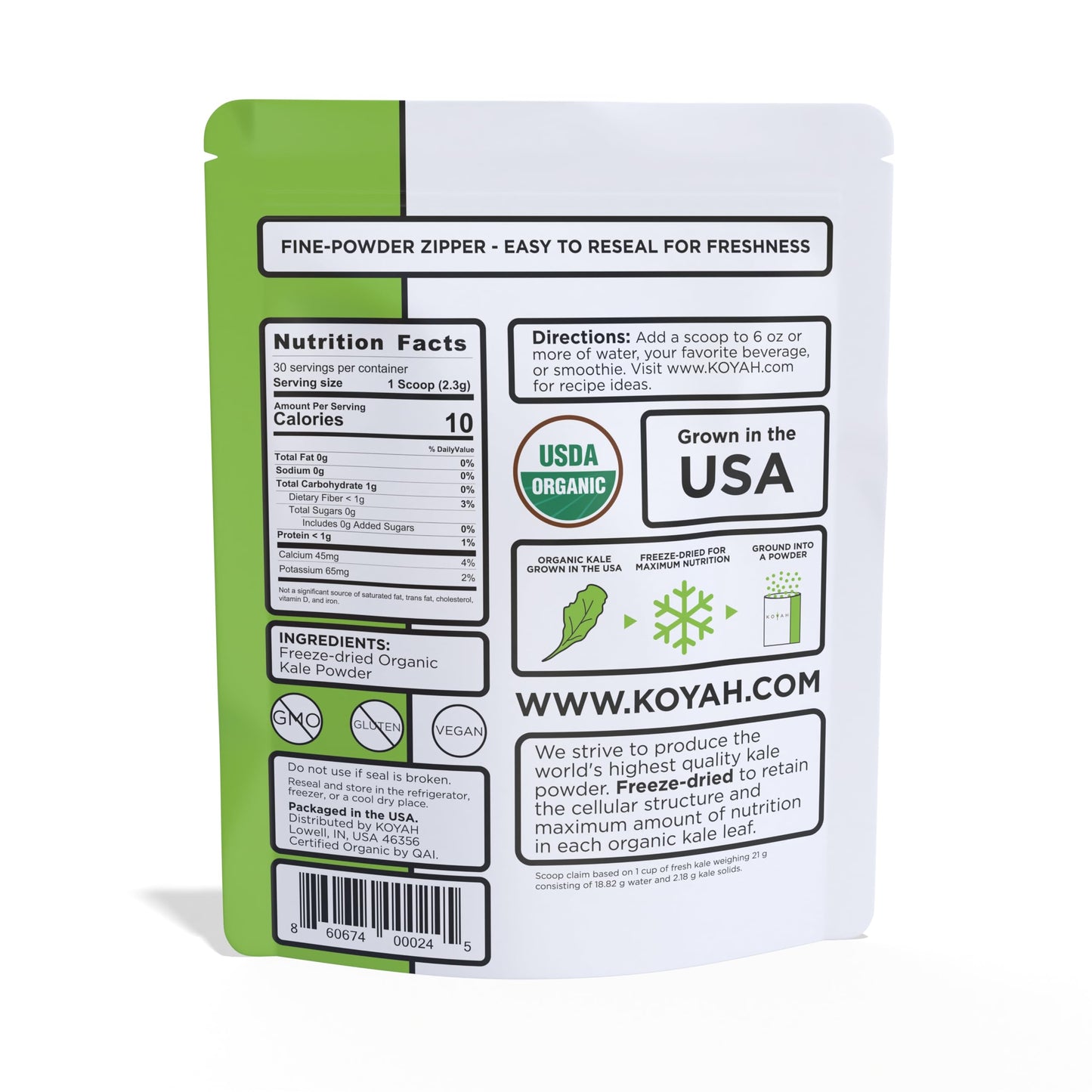 Koyah - Organic Usa Grown Kale Powder (Equivalent To 30 Cups Fresh): Freeze-Dried, Whole-Leaf Powder