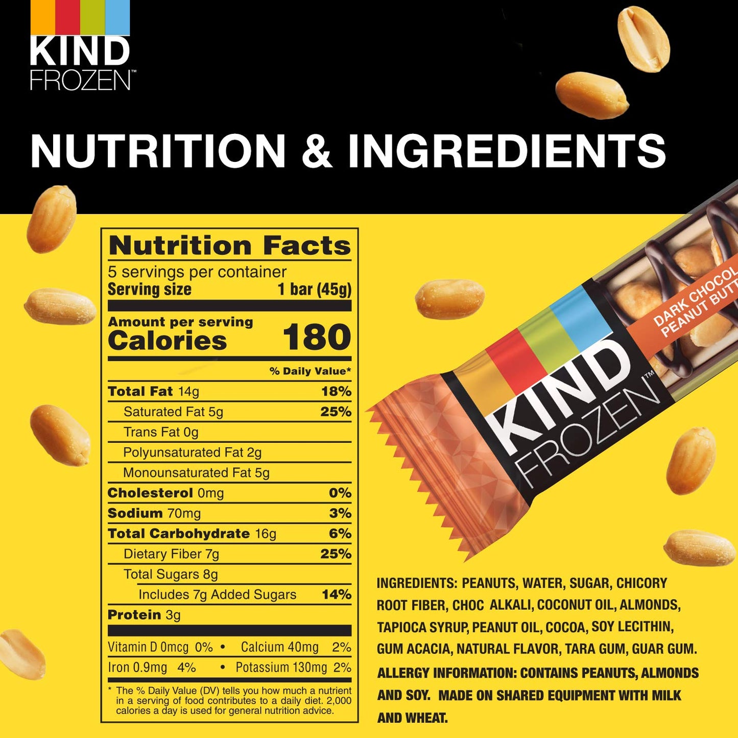 KIND FROZEN Plant Based Frozen Treat Bar, Peanut Butter Dark Chocolate Nut Treat Bars, 5 Pack, 1.6 Oz Bars