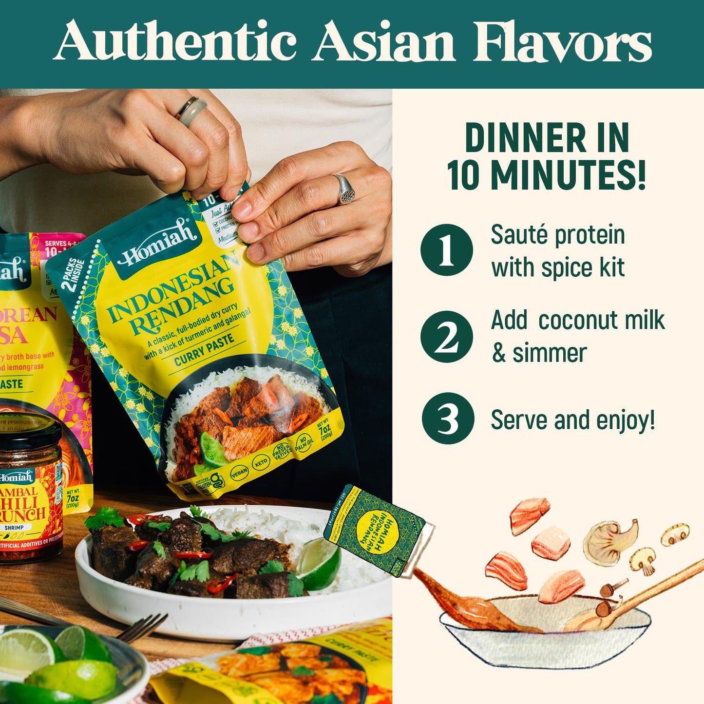 Homiah Rendang Curry Paste - 7 Oz - Gluten Free, Non-Gmo Malaysian Curry Paste - Vegan Rendang Curry Paste, Thai Essentials For
