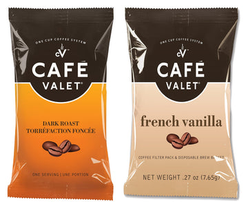 Cafe Valet Single Serve Individually Wrapped Coffee Packs, Regular Dark Roast and French Vanilla 100% Arabica Coffee, 168 Count