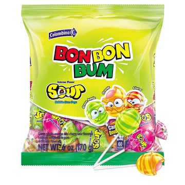 Colombina Bon Bon Bum Lollipops W/Bubble Gum Center, Assorted Sour Mix, Individually Wrapped, Ideal For Party Favors And Gifts, 1 Pack (10 Count)