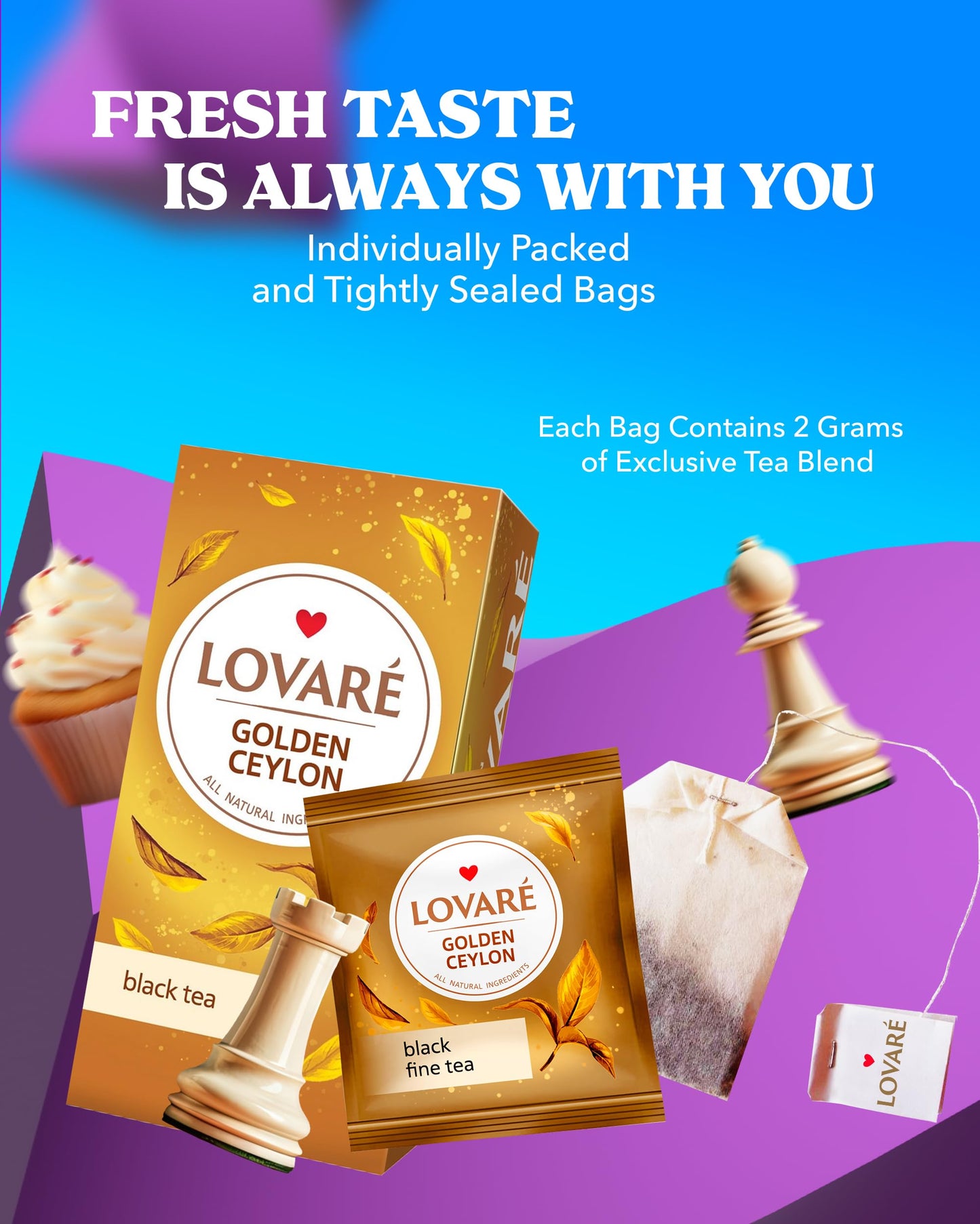 Lovare Golden Ceylon Tea Bags 48 G - Made In Ukraine - Black Tea From Sri Lanka - Tea Bags Individually Wrapped - Gift Box Sets