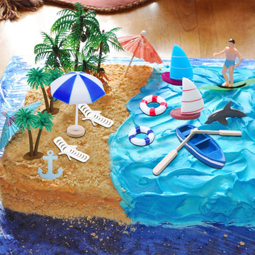 Lebery Beach Cake Topper 13Pcs Hawaiian Cake Toppers Decoration Summer Ocean Cake Topper Beach Chair Umbrella Boat Palm Tree Cak