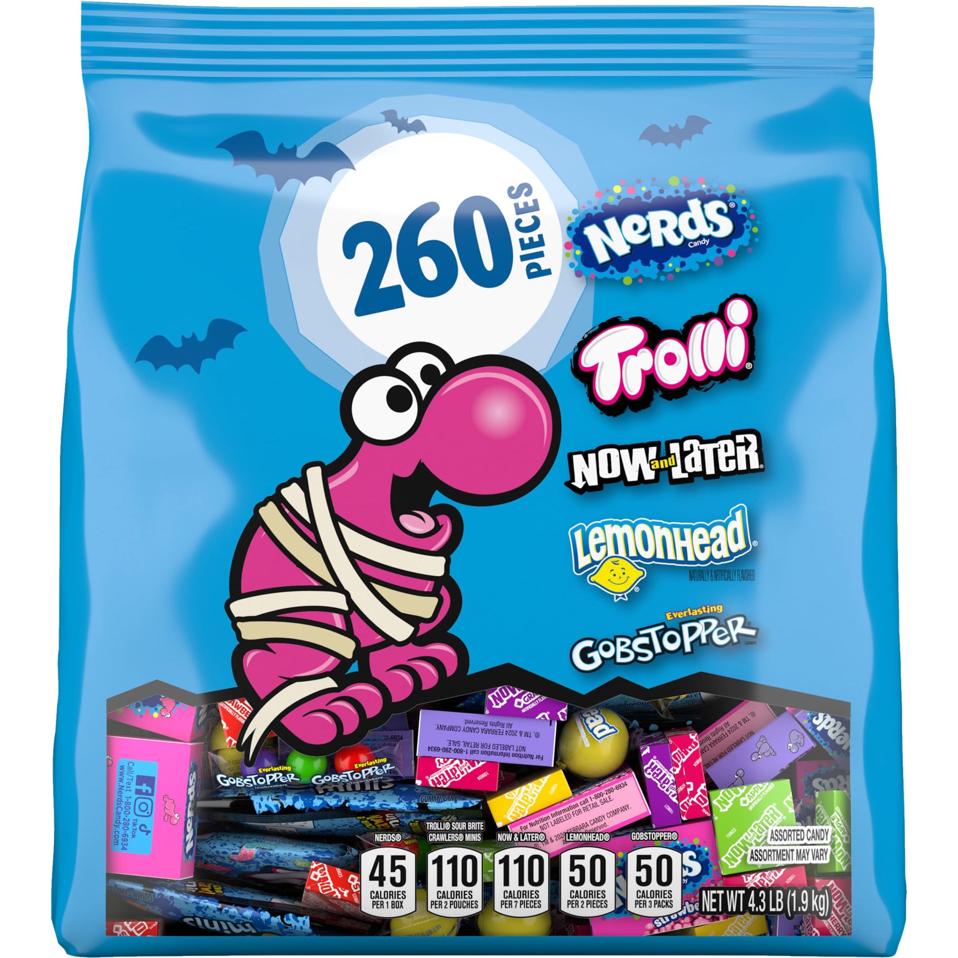 Halloween Candy Classic Fun Trick-or-Treat Assortment with Nerds, Trolli, Now and Later, Lemonhead, Gobstoppers, 260 Pieces, 69.