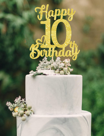 10th Birthday Cake Topper - Double Sided Gold Glitter, Happy 10th birthday Cake Topper for girls,10 Cake decorations For girls, 